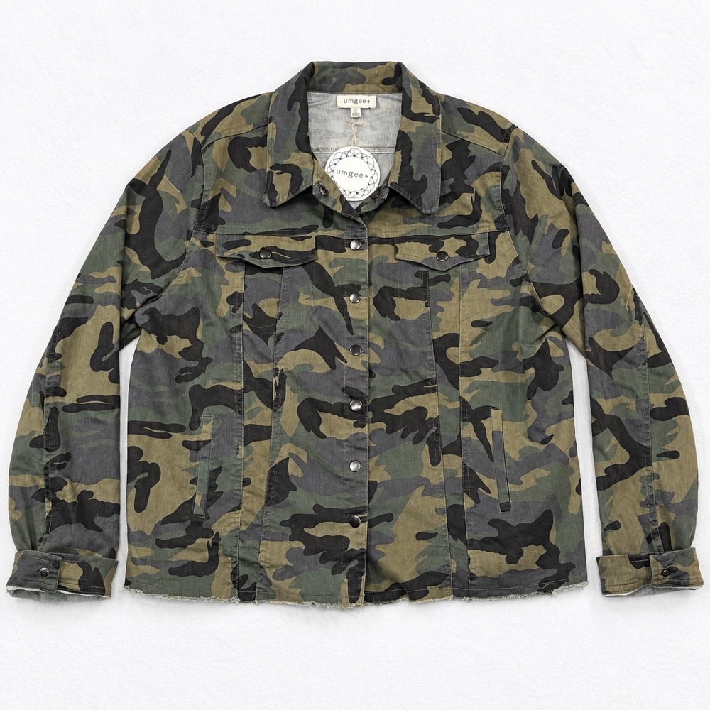 Umgee USA Camo Utility Jacket Green Brown Raw Hem Plus Size 1XL WC2714
